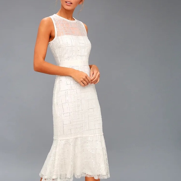 Lulu's “Classy Missy” White Silver Sequin Peplum Midi Shiny Formal Dance Dress - Picture 14 of 14